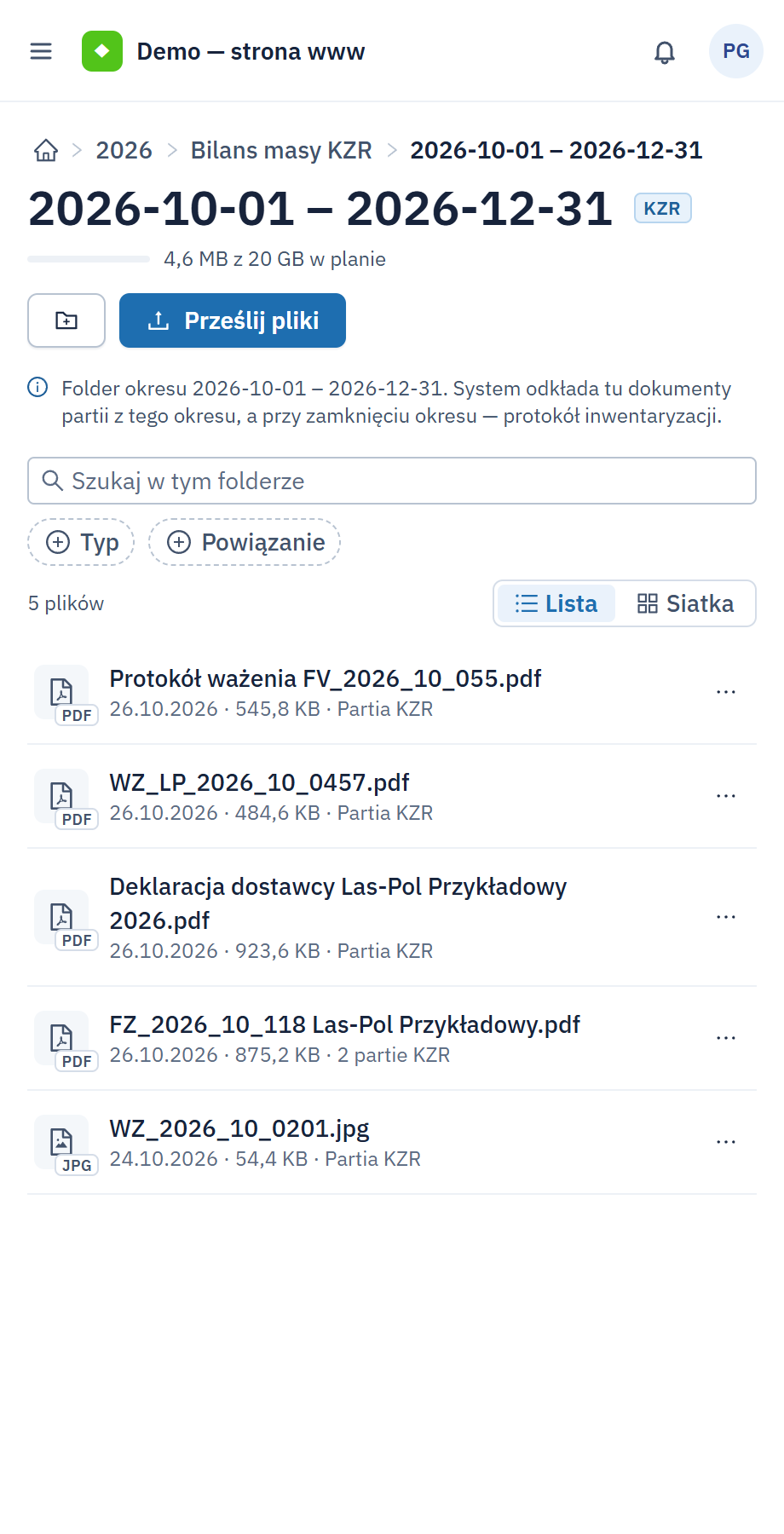 Mój dysk, folder okresu 2026-10-01 – 2026-12-31: pięć dokumentów partii z datą, rozmiarem i powiązaniem z partią KZR, faktura powiązana z dwiema partiami.