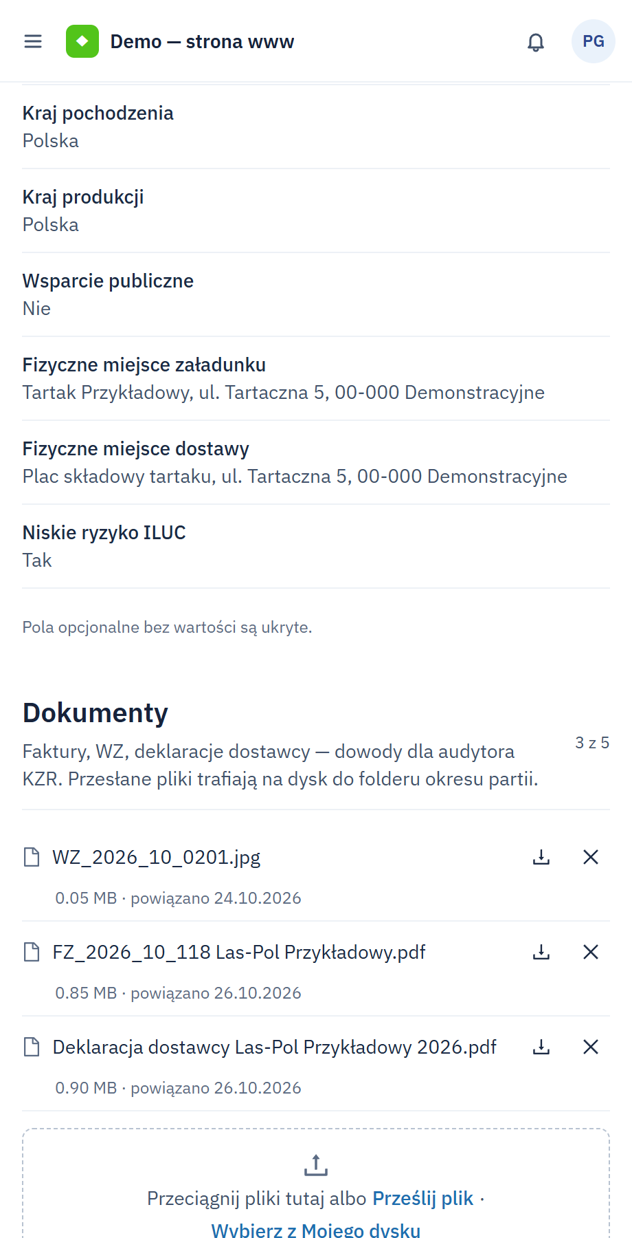 Dokumenty jednej dostawy: faktura zakupu, zdjęcie WZ i deklaracja dostawcy, 3 z 5 plików.