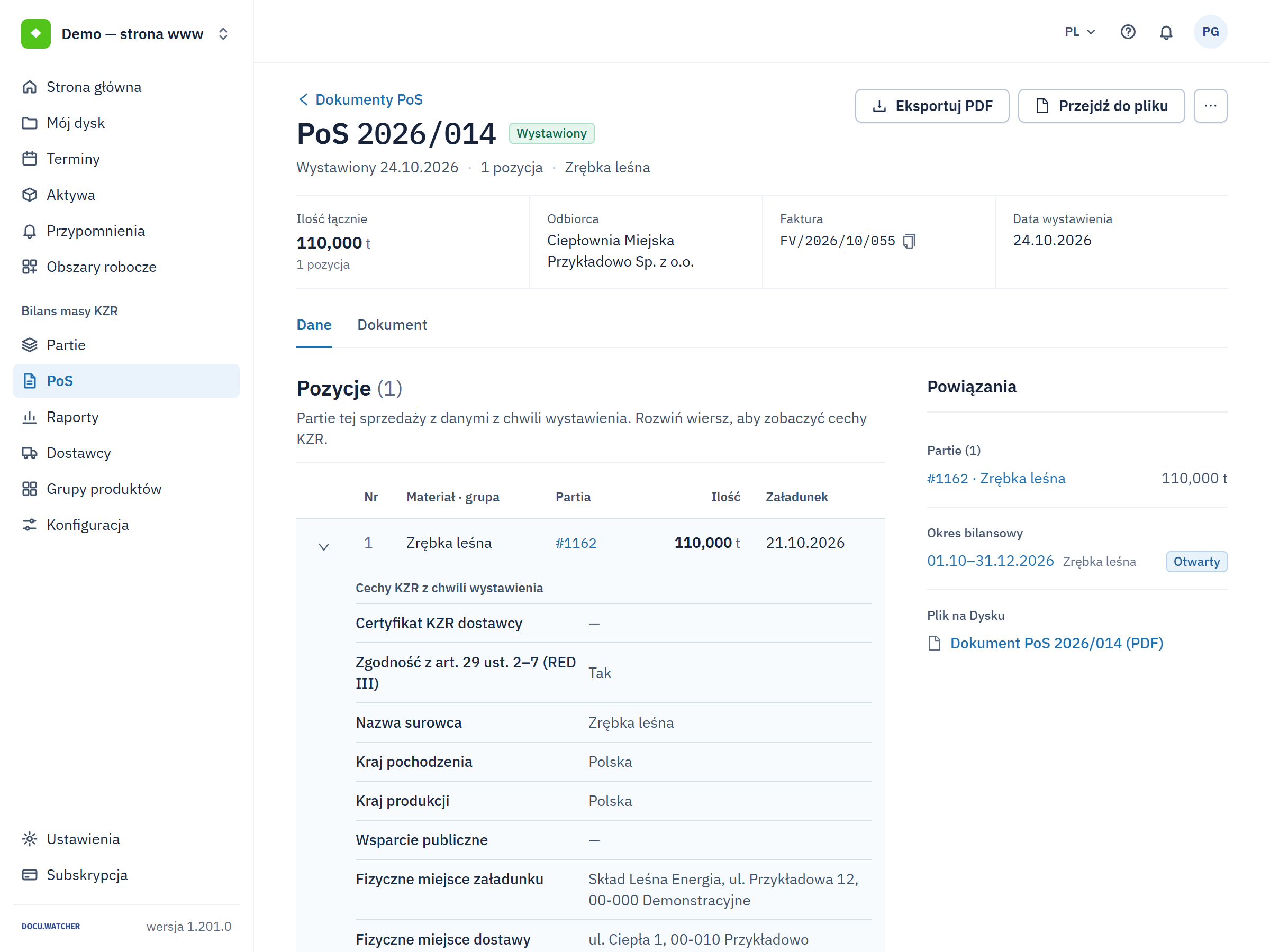 Nagłówek dokumentu PoS 2026/014: status Wystawiony, ilość łącznie 110 t, odbiorca Ciepłownia Miejska Przykładowo, faktura FV/2026/10/055, data wystawienia 24.10.2026.