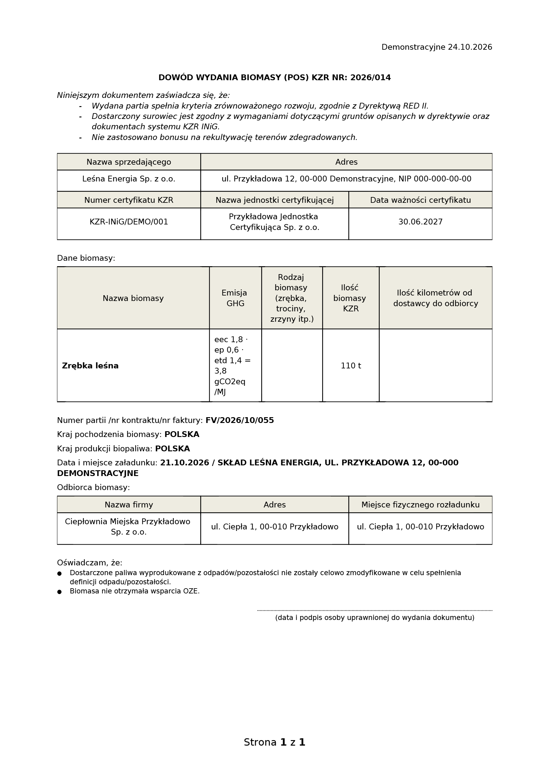 Pierwsza strona PDF: Dowód wydania biomasy (PoS) KZR nr 2026/014 z oświadczeniami, danymi sprzedającego, numerem certyfikatu KZR i tabelą danych biomasy z emisją GHG 3,8 i ilością 110.
