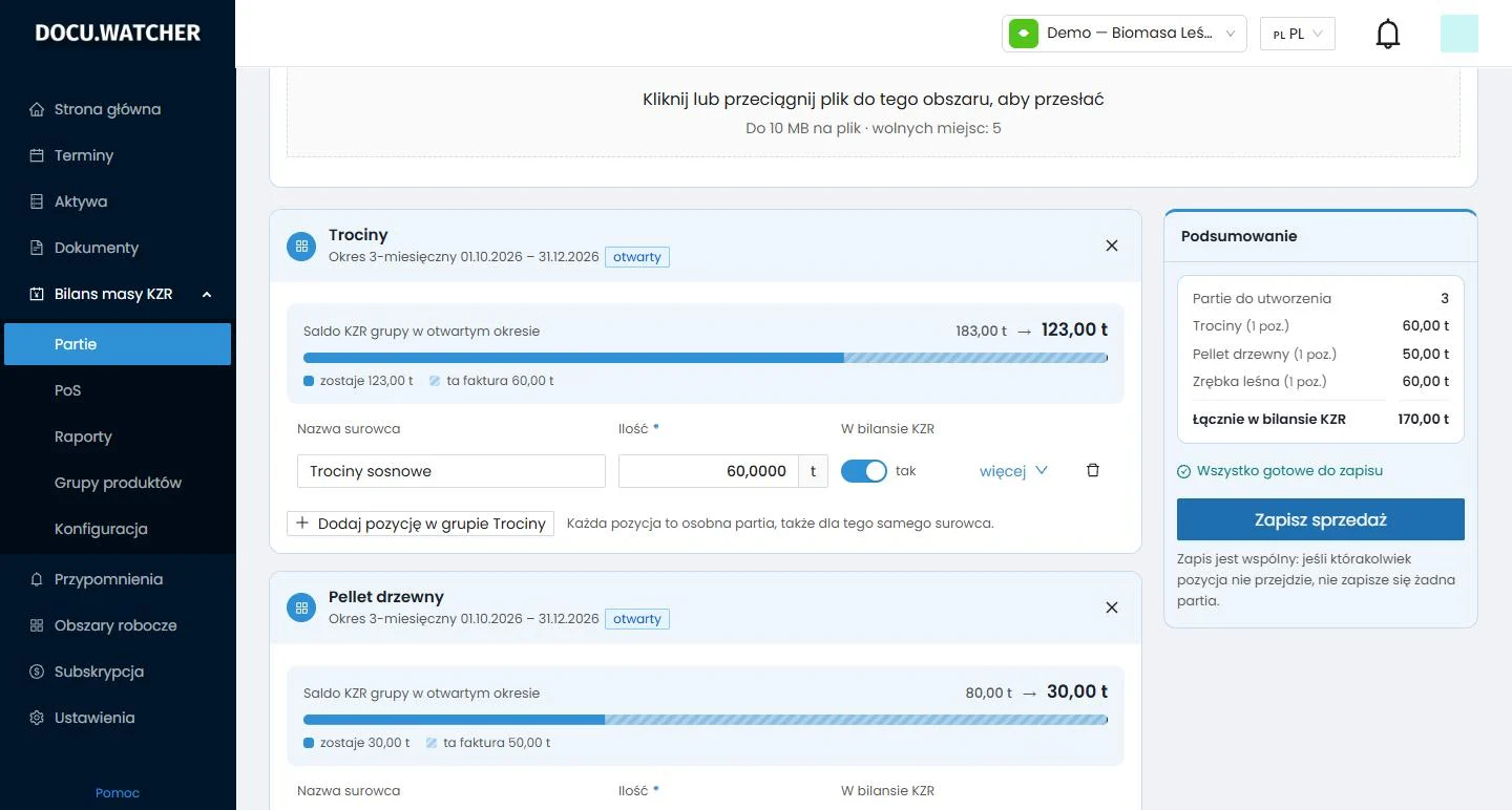 Rejestracja sprzedaży w DocuWatcher z saldem grupy w otwartym okresie